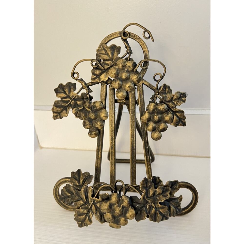 Vintage Cast Metal Easel Cookbook Stand Grapes Antique Gold Finish 9"H - Picture 2 of 8